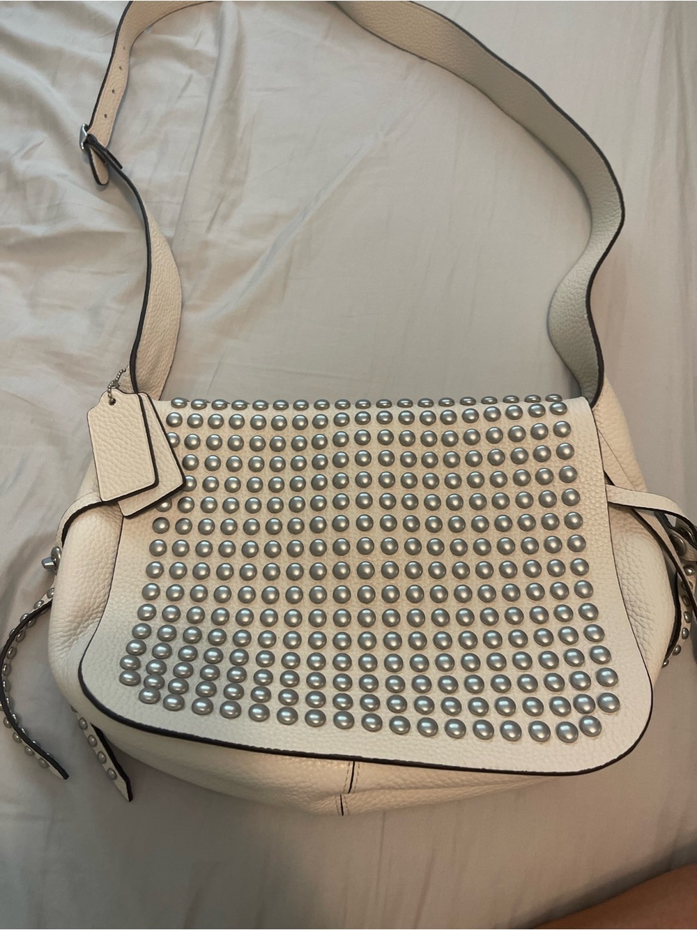 Coach White Pebbled Leather Studded Crossbody Bag